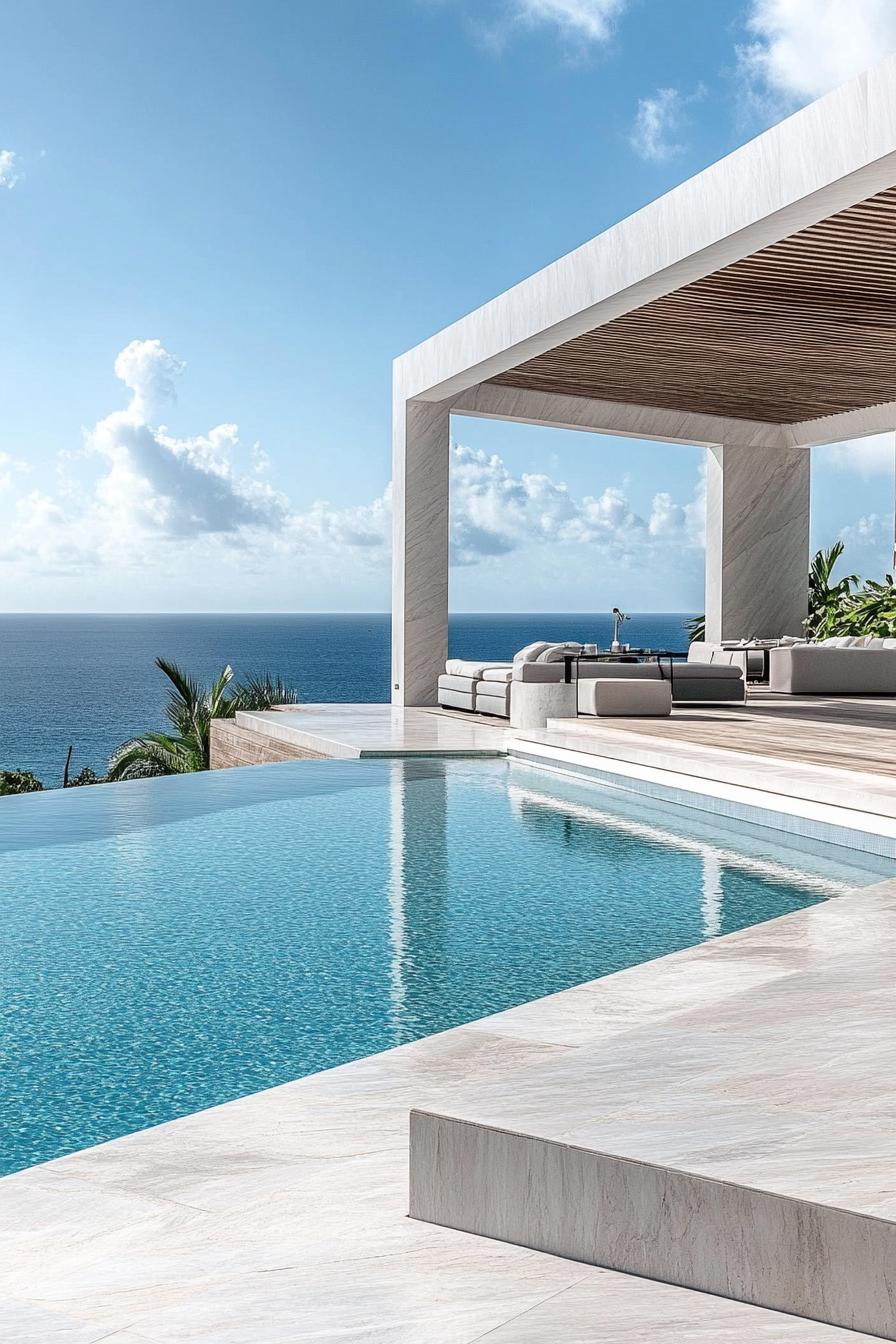 luxury modern white marble house pool with floated deck with modern wood stain pergola stunning ocean views in the distance 2