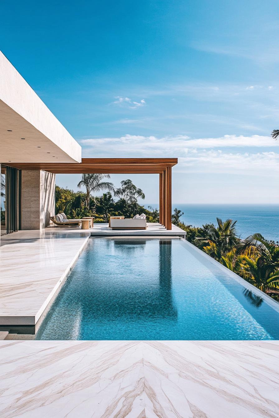 luxury modern white marble house pool with floated deck with modern wood stain pergola stunning ocean views in the distance 3