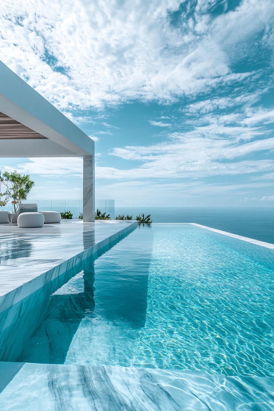 luxury modern white marble house pool with floated deck with modern wood stain pergola stunning ocean views in the distance