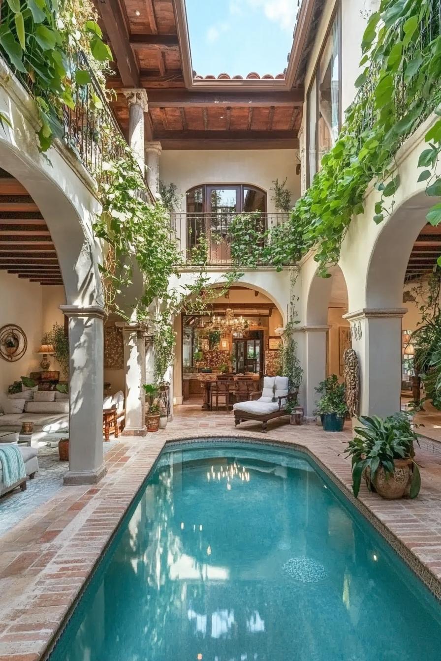 mediterranean modern indoor courtyard with potted plants indoor pool lounge with area rug 1