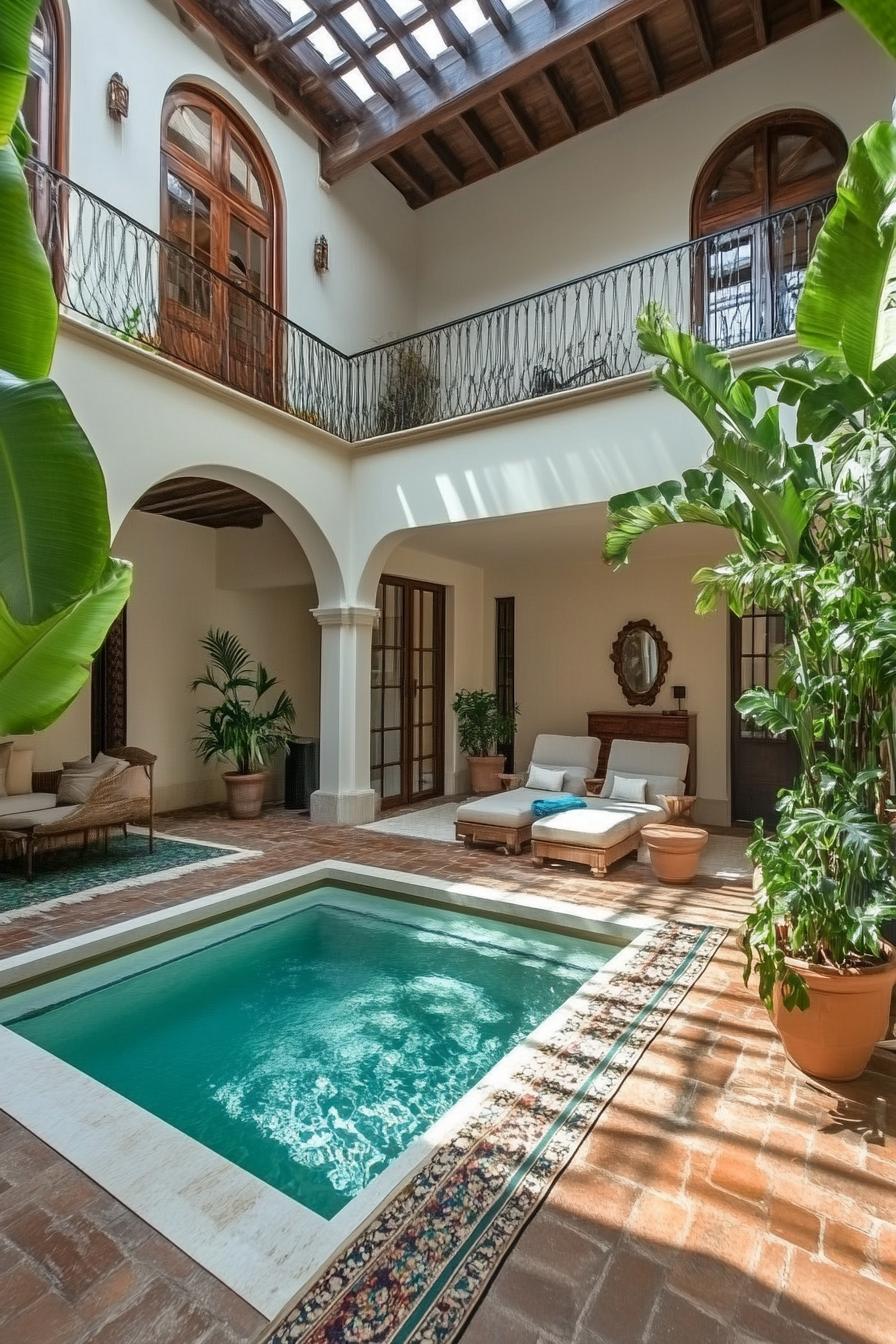 mediterranean modern indoor courtyard with potted plants indoor pool lounge with area rug