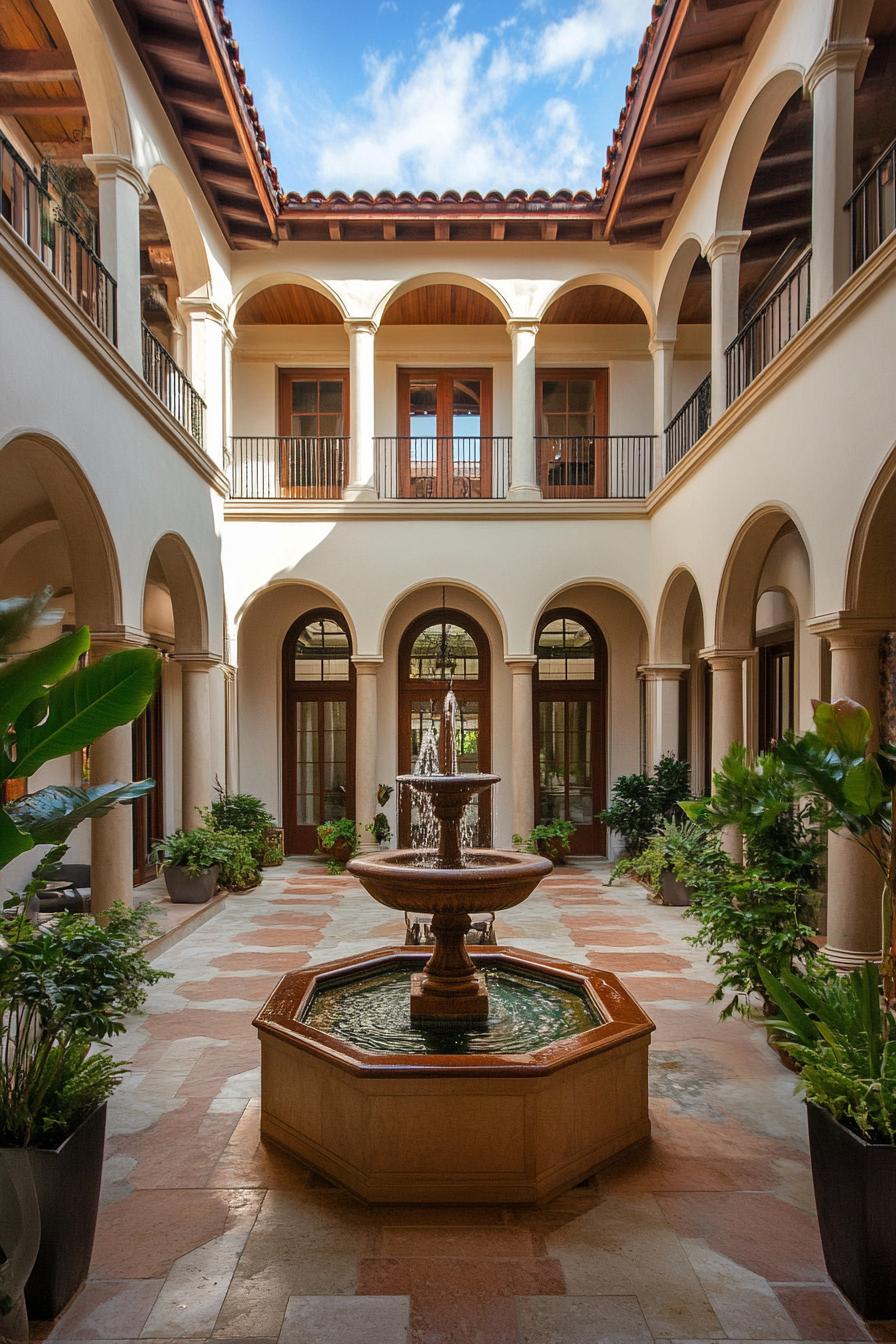 mediterranean revival architecture home central courtyard with a fountain 1