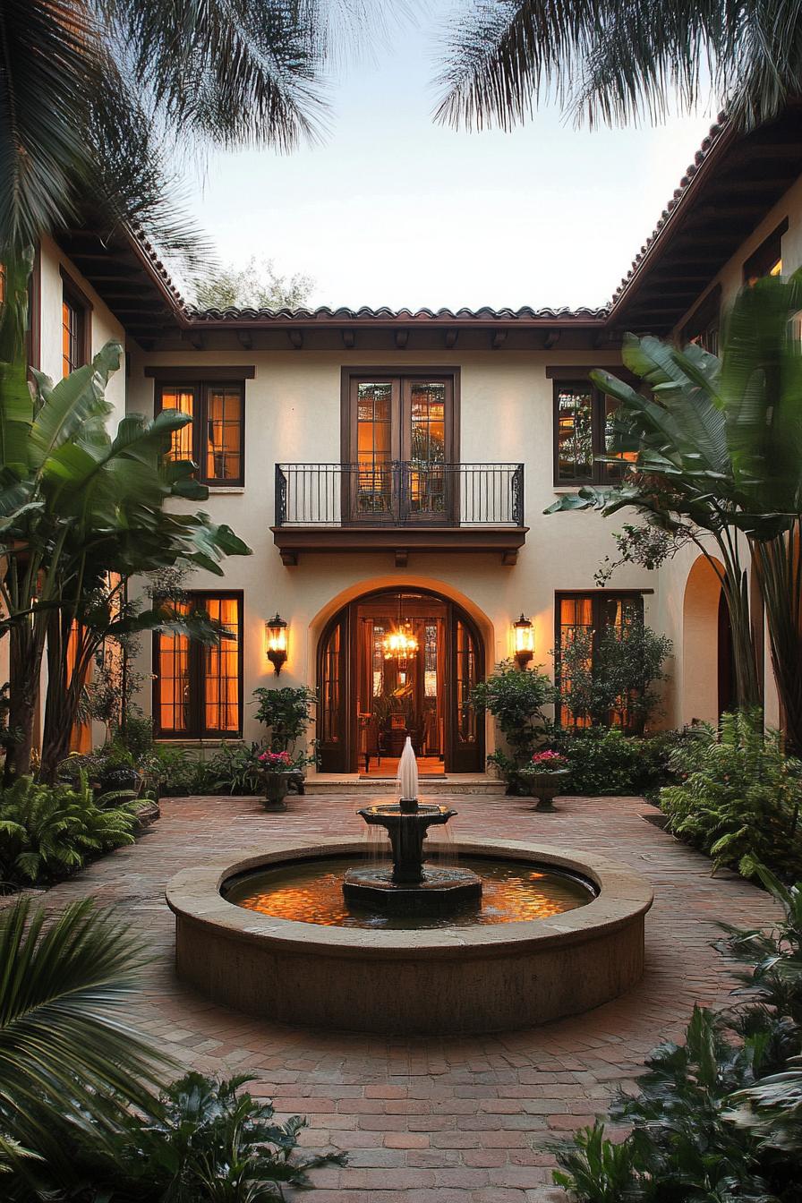 mediterranean revival architecture home central courtyard with a fountain 2