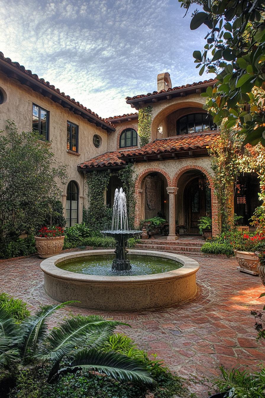 mediterranean revival architecture home central courtyard with a fountain