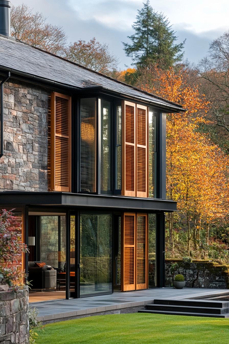 mid century modern and antique style house facade with large picture windows and antique shutters in Scotland highlands 1