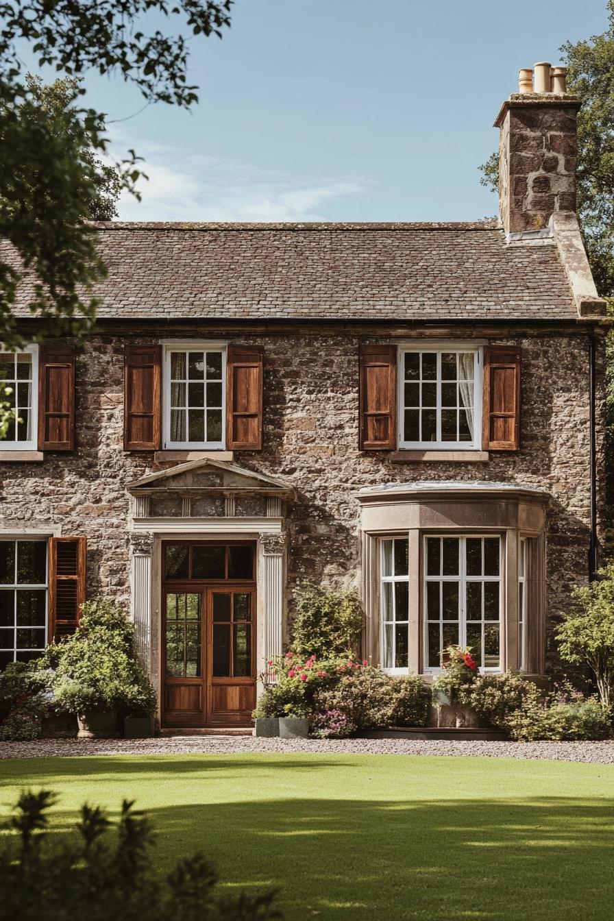 mid century modern and antique style house facade with large picture windows and antique shutters in Scotland highlands