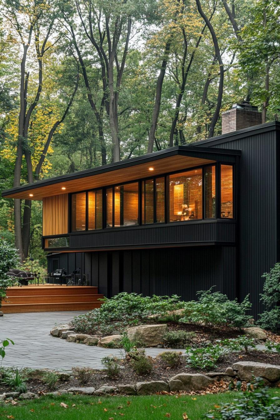 mid century modern black house two tone back and wood facade forest in far background