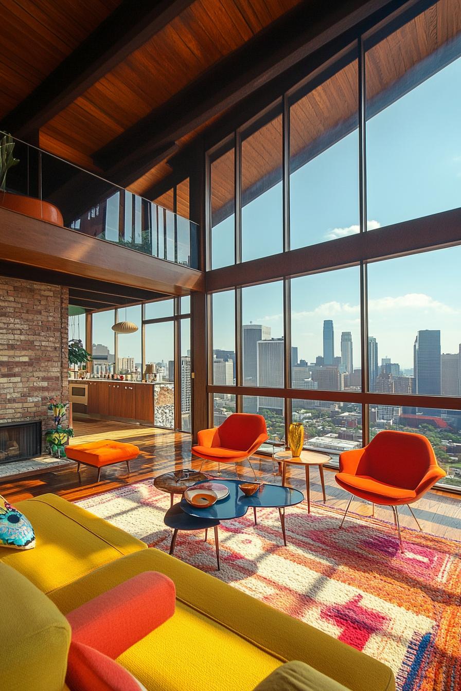 mid century modern house interior with vibrant color upholstery large windows overlook big city skyline 1