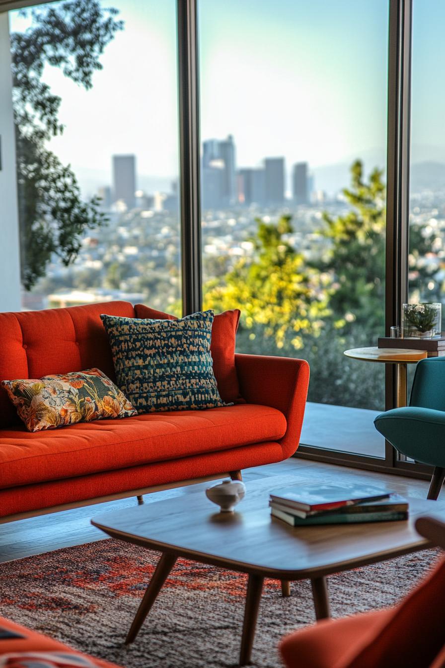 mid century modern house interior with vibrant color upholstery large windows overlook big city skyline 2