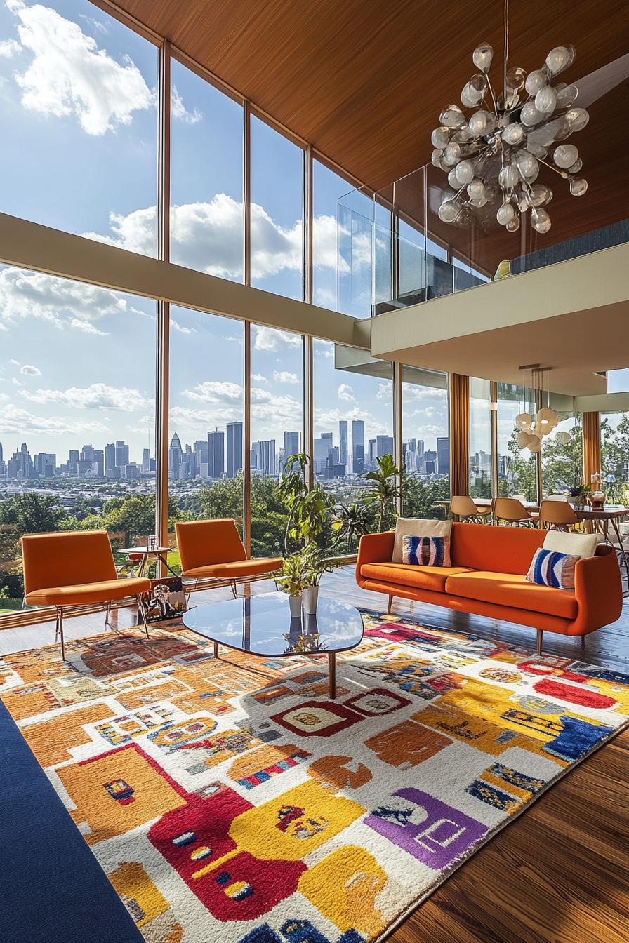 mid century modern house interior with vibrant color upholstery large windows overlook big city skyline