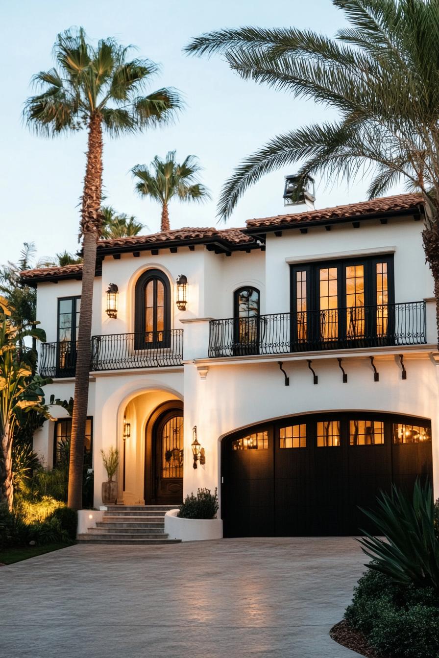 modern Californian house mediterranean style facade with wrought iron balconies driveway lined with tall palm trees 1