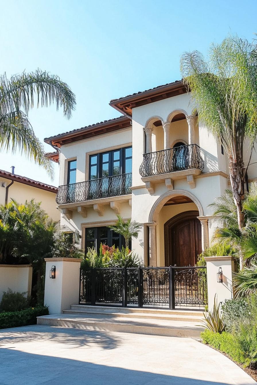 modern Californian house mediterranean style facade with wrought iron balconies driveway lined with tall palm trees 2