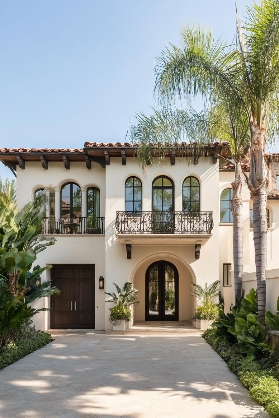 modern Californian house mediterranean style facade with wrought iron balconies driveway lined with tall palm trees 3