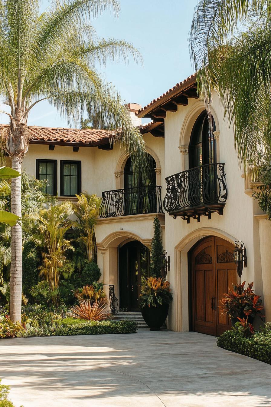 modern Californian house mediterranean style facade with wrought iron balconies driveway lined with tall palm trees