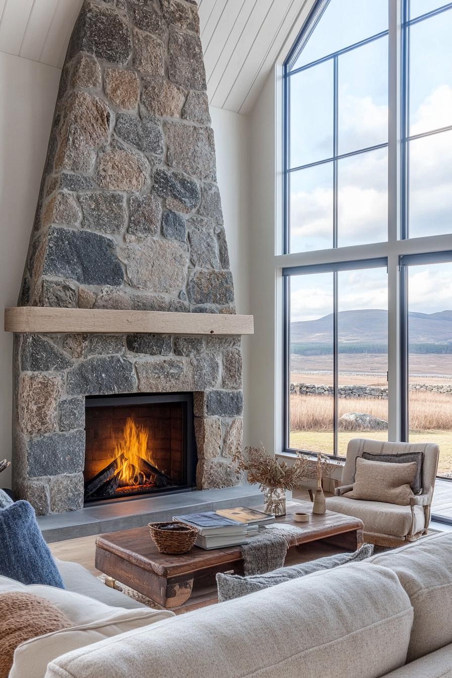 modern English cottage stone fireplace with modern insert large windows overlooking Scotland mountains 1