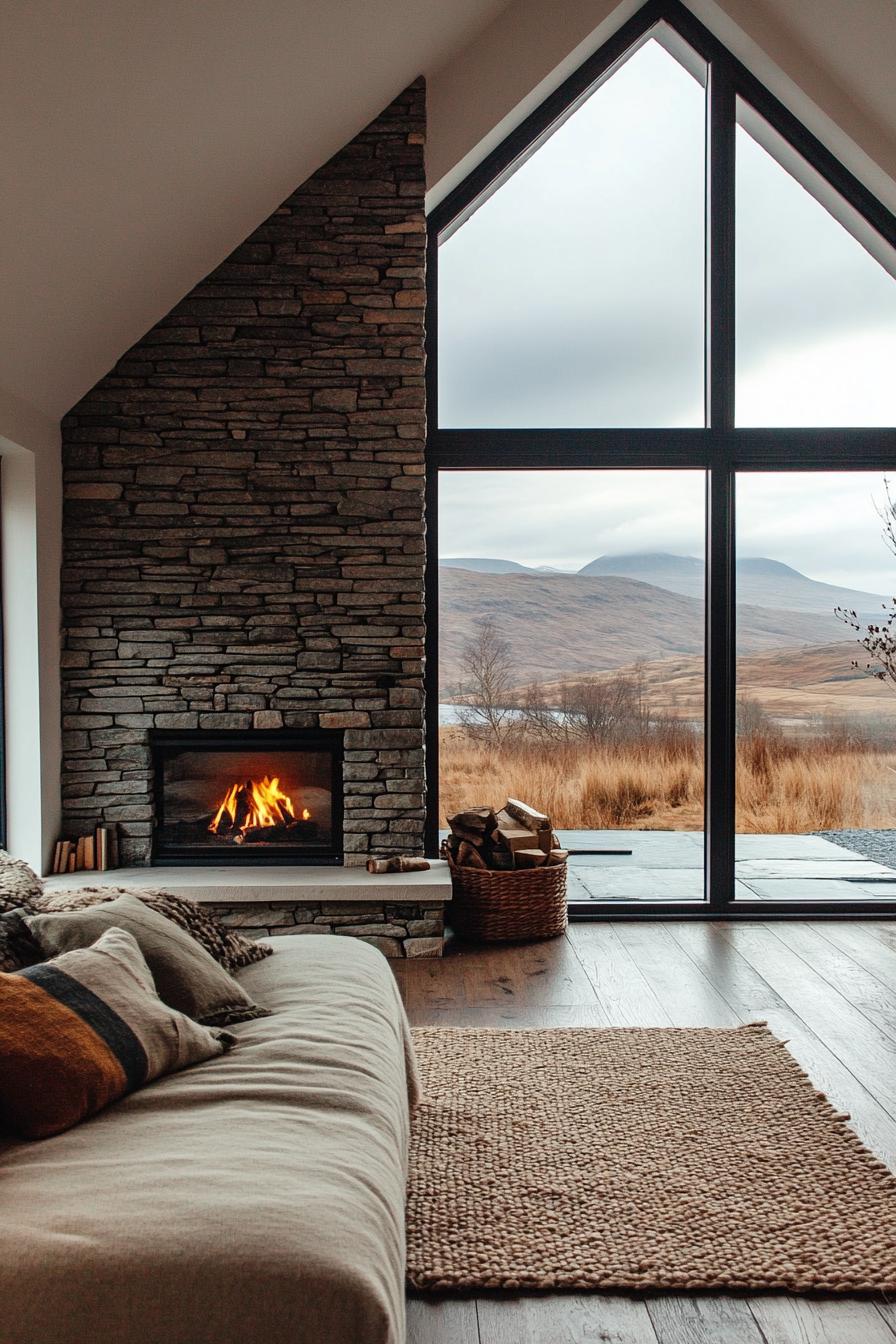 modern English cottage stone fireplace with modern insert large windows overlooking Scotland mountains 2