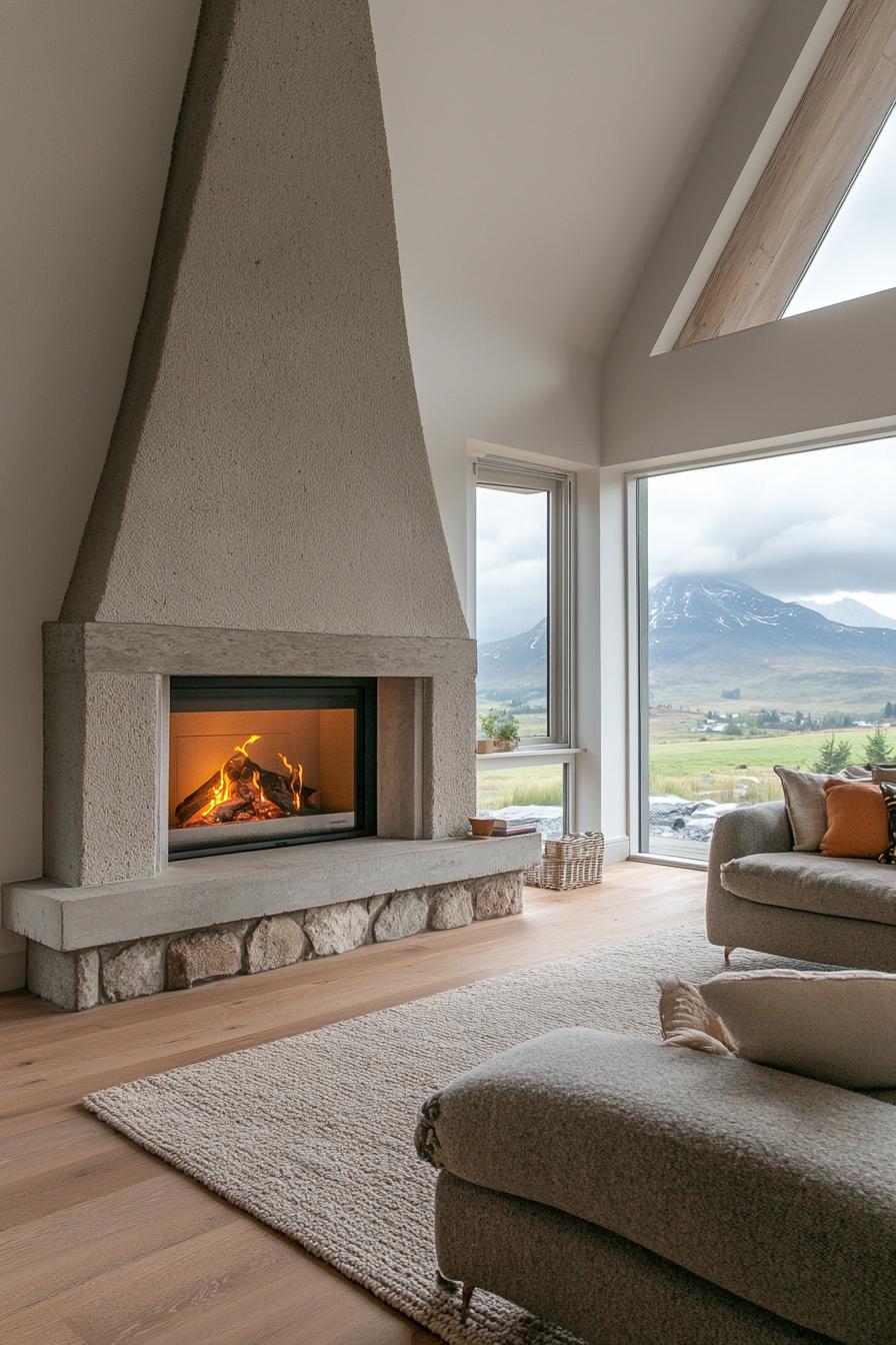 modern English cottage stone fireplace with modern insert large windows overlooking Scotland mountains