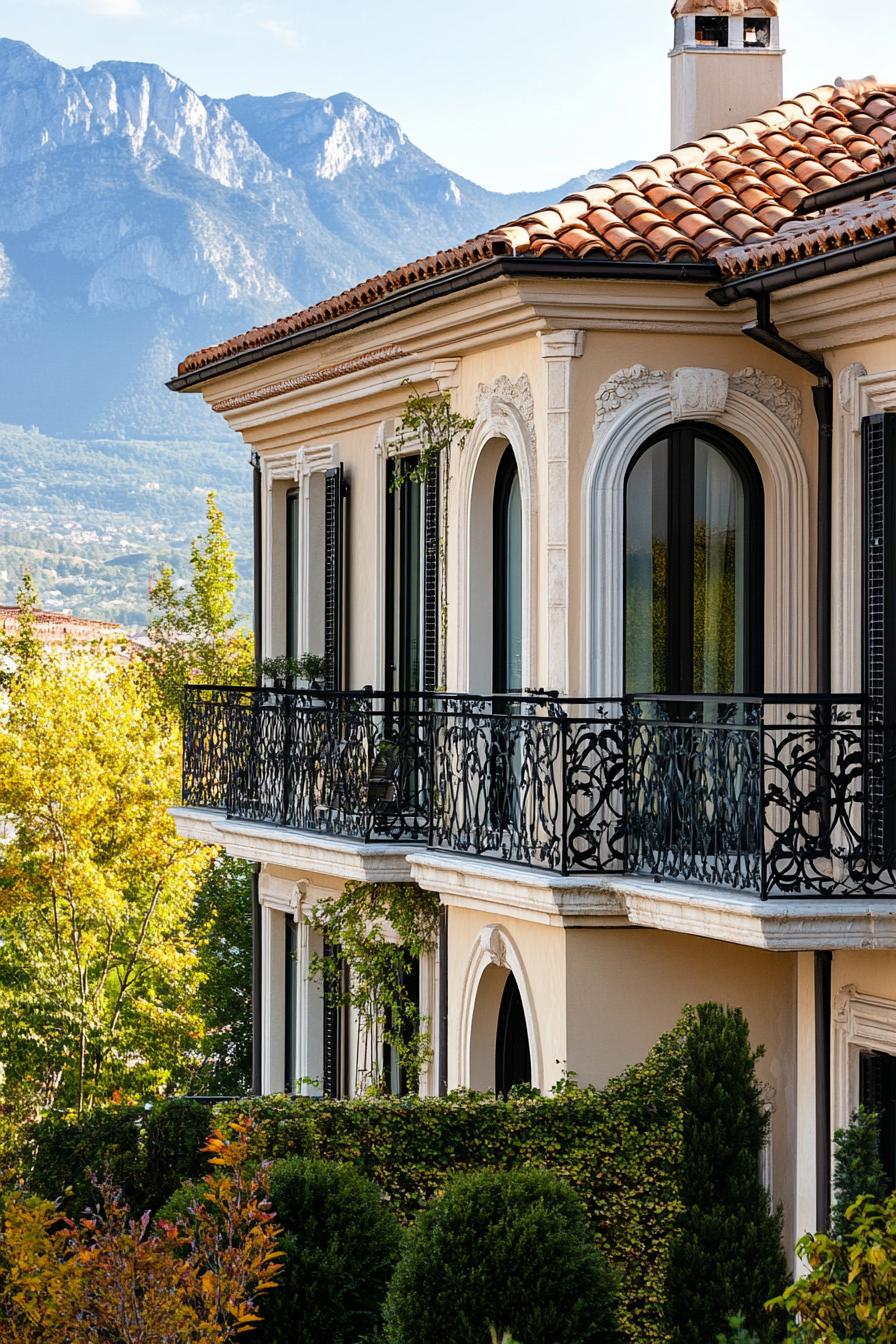 modern French mediterranean house facade with iron balconies the Alps in the background 1