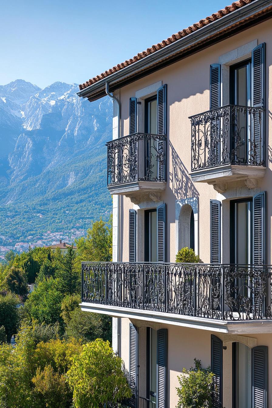 modern French mediterranean house facade with iron balconies the Alps in the background 2