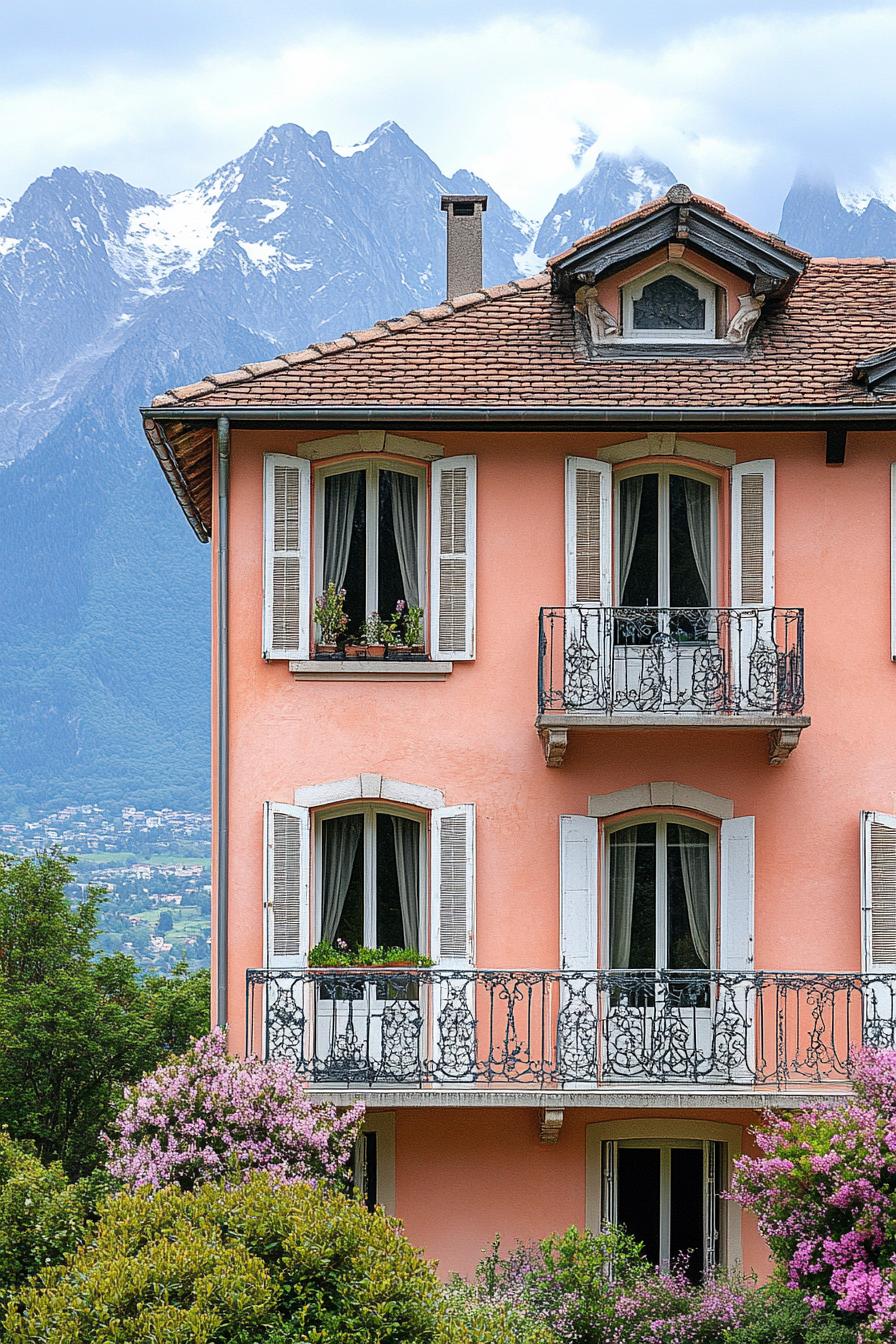 modern French mediterranean house facade with iron balconies the Alps in the background 3