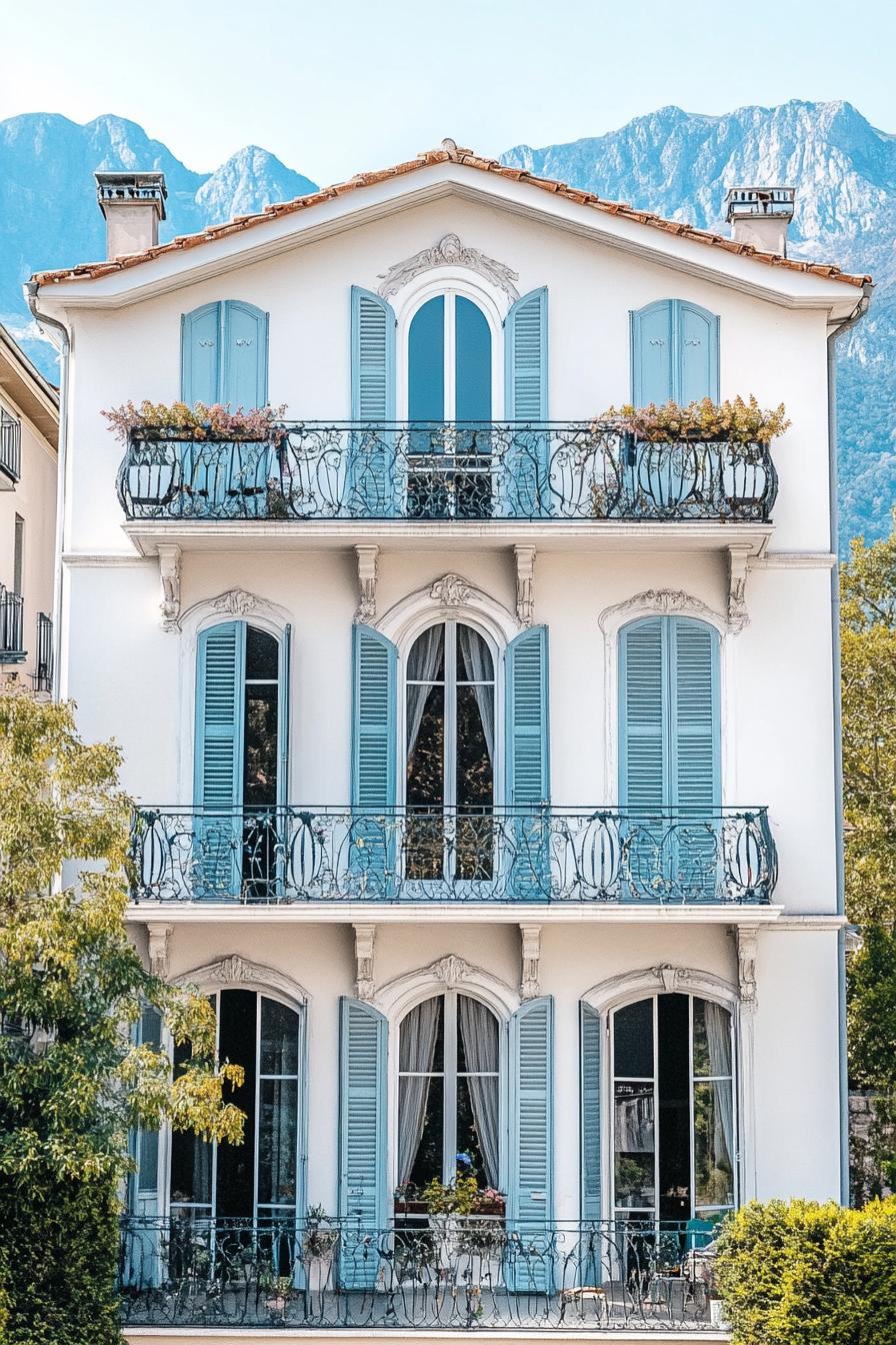 modern French mediterranean house facade with iron balconies the Alps in the background