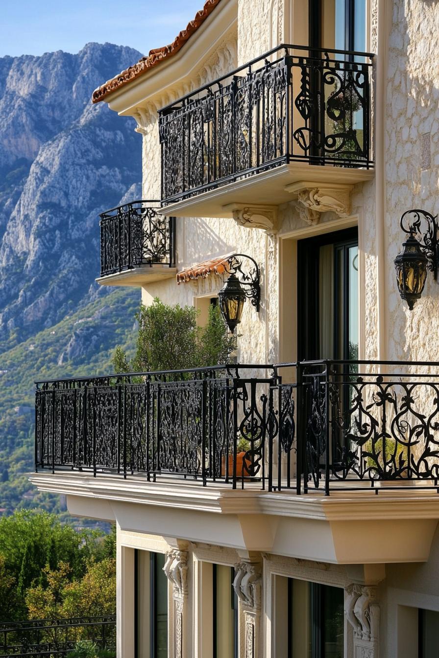 modern Italian mediterranean house facade with iron balconies Italian mountains in the background 1