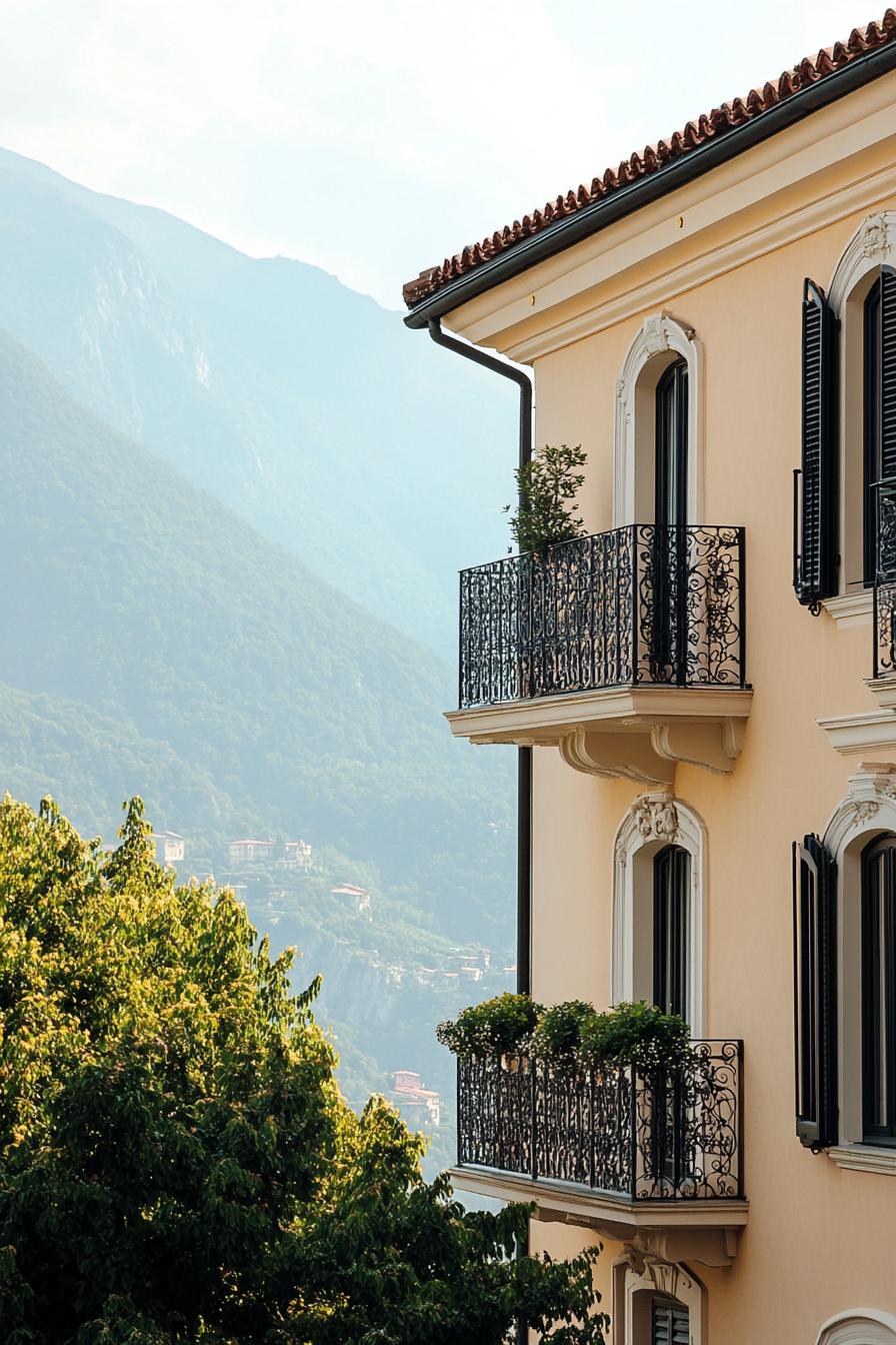 modern Italian mediterranean house facade with iron balconies Italian mountains in the background 2