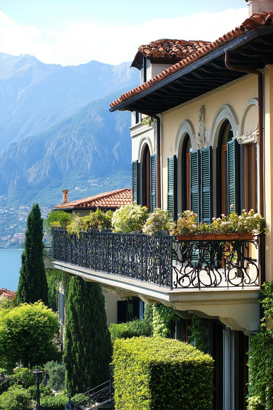 modern Italian mediterranean house facade with iron balconies Italian mountains in the background 3