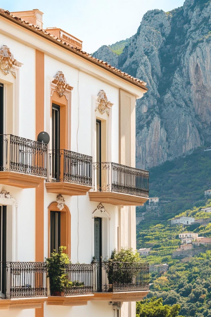 modern Italian mediterranean house facade with iron balconies Italian mountains in the background