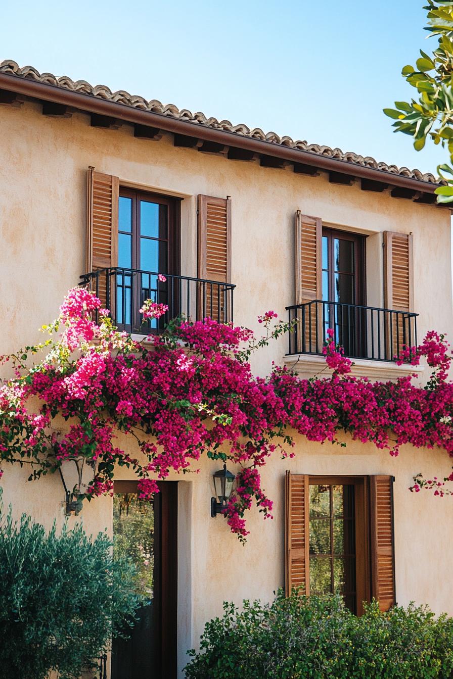 modern Tuscan mediterranean house stucco facade with wooden shutters bougainvillea vine climbers 1