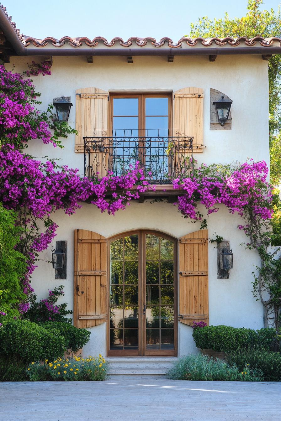 modern Tuscan mediterranean house stucco facade with wooden shutters bougainvillea vine climbers 2