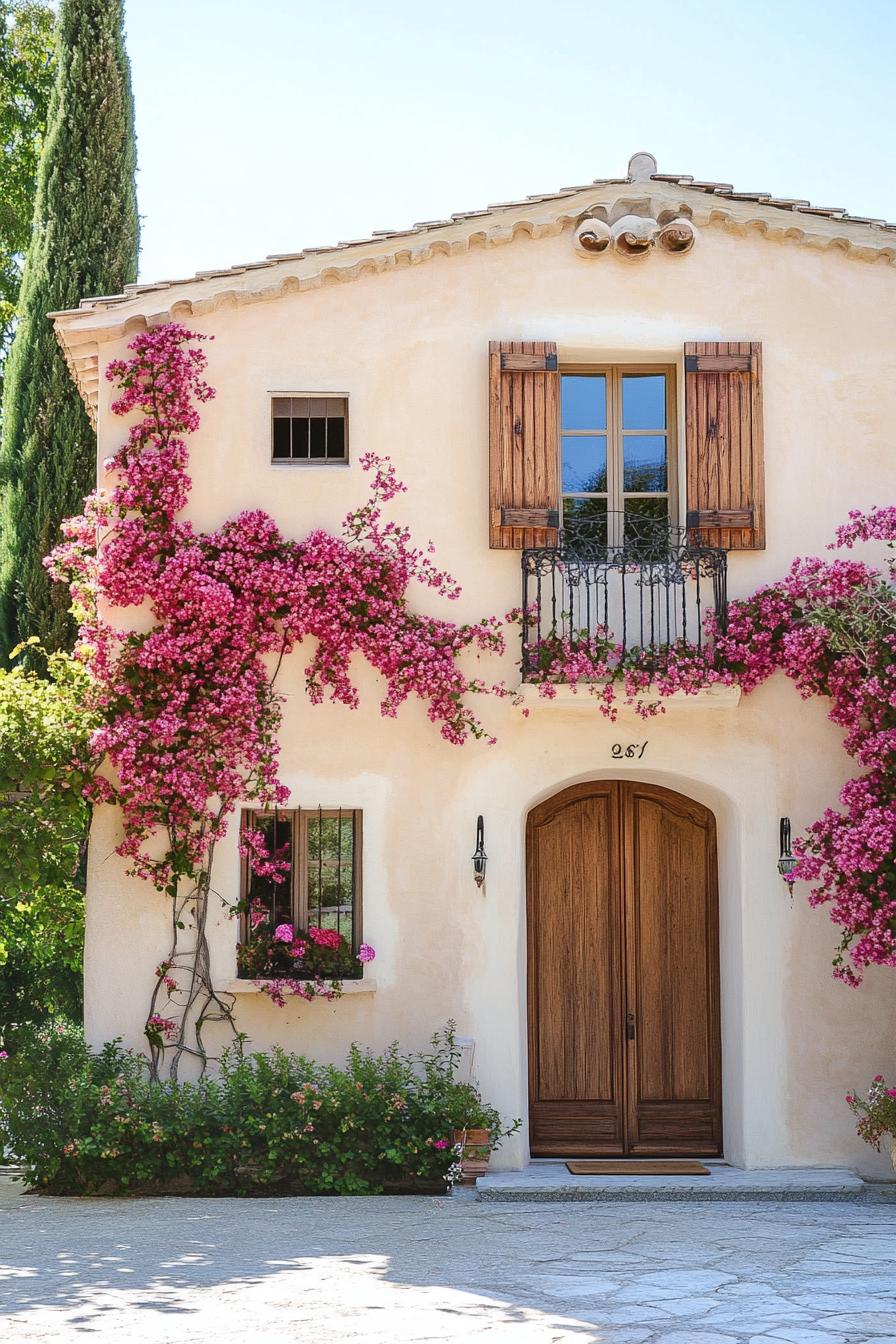 modern Tuscan mediterranean house stucco facade with wooden shutters bougainvillea vine climbers 3