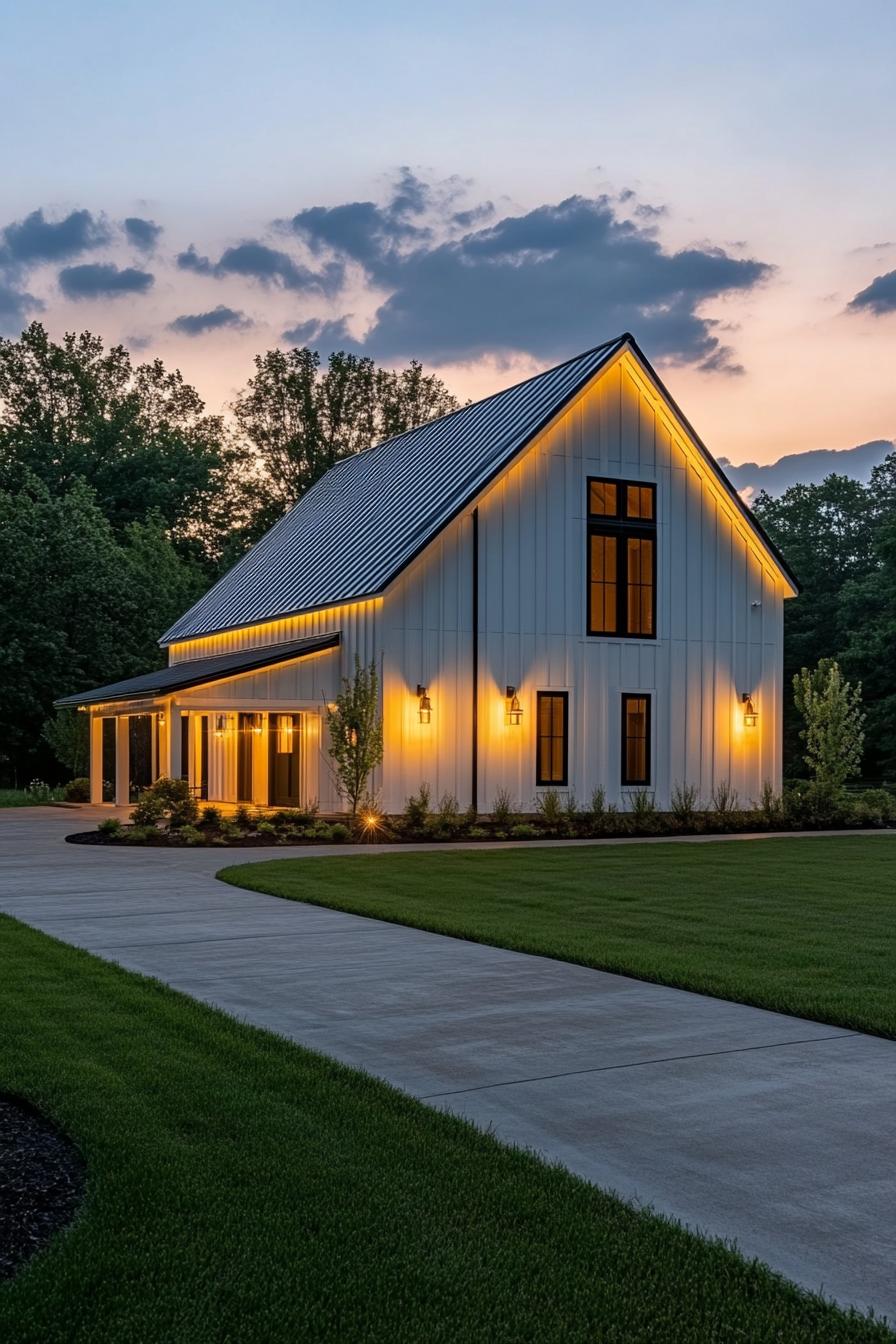 modern barn house with multi pitched roof white board and batten siding front porch with columns lamp lighting fuxtures on the front wall paved