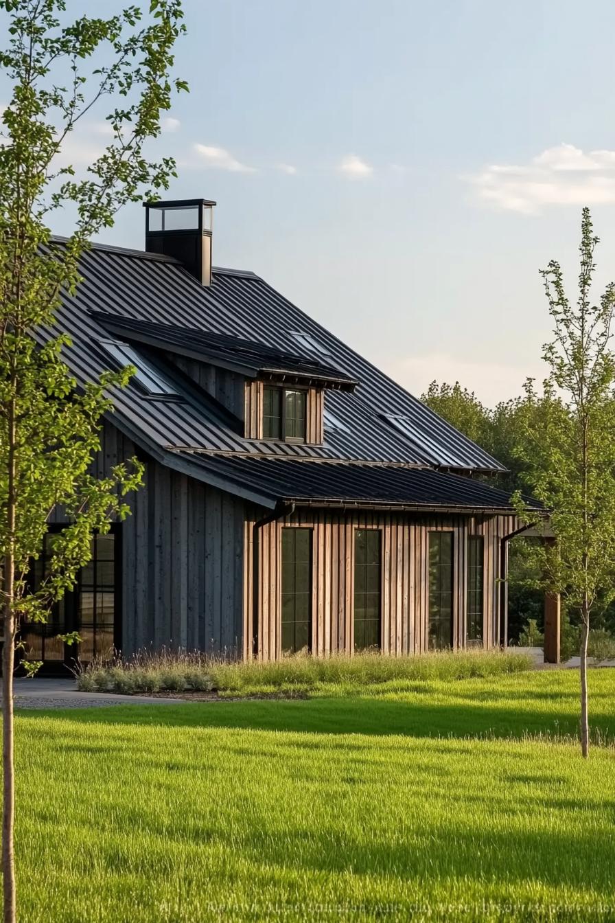 modern barnhouse green lawn landscape with young trees 1