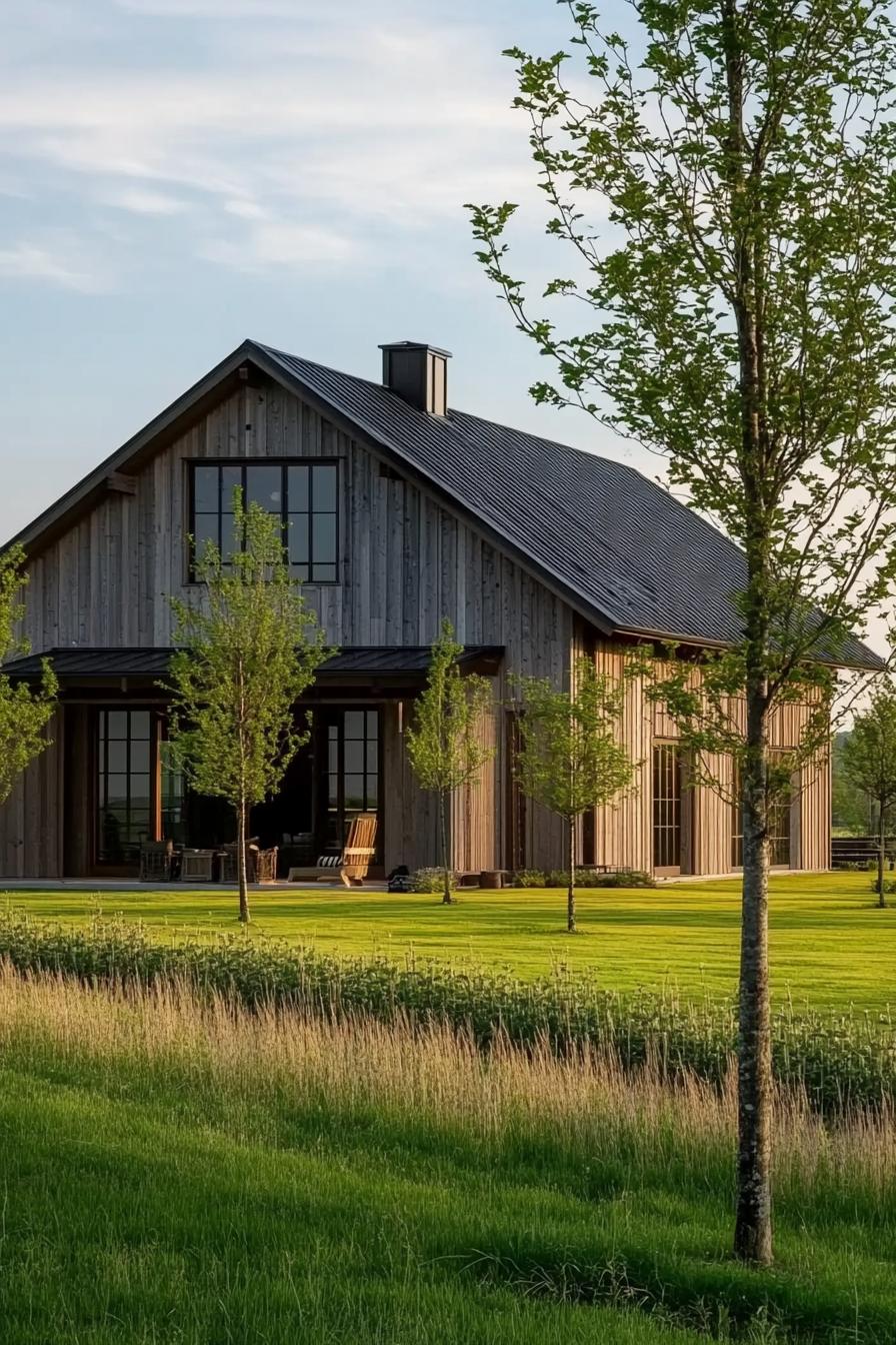 modern barnhouse green lawn landscape with young trees 2