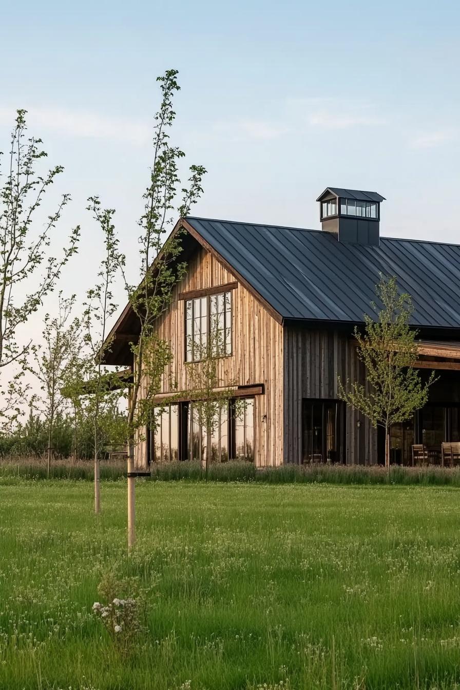 modern barnhouse green lawn landscape with young trees 3