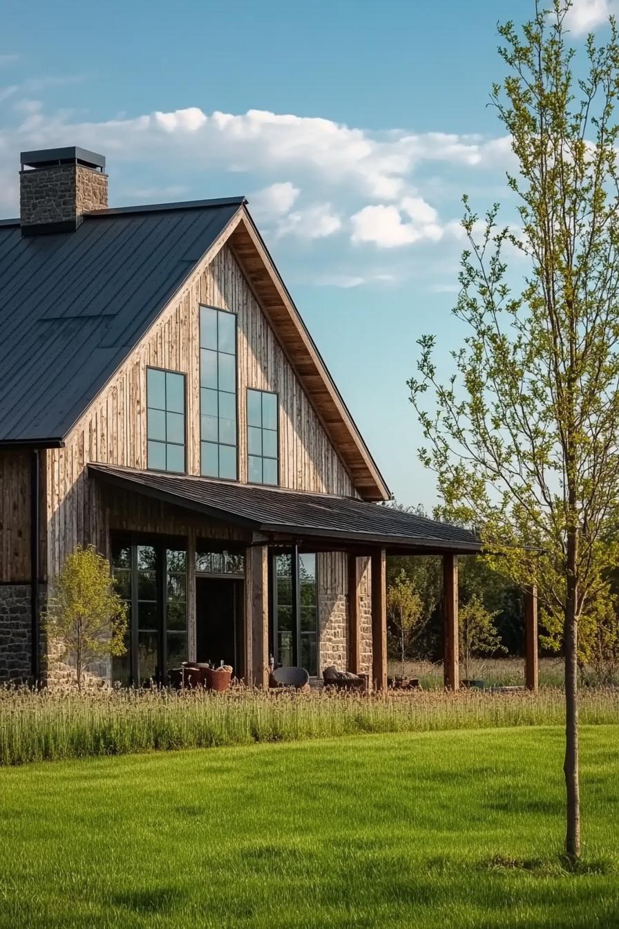 modern barnhouse green lawn landscape with young trees