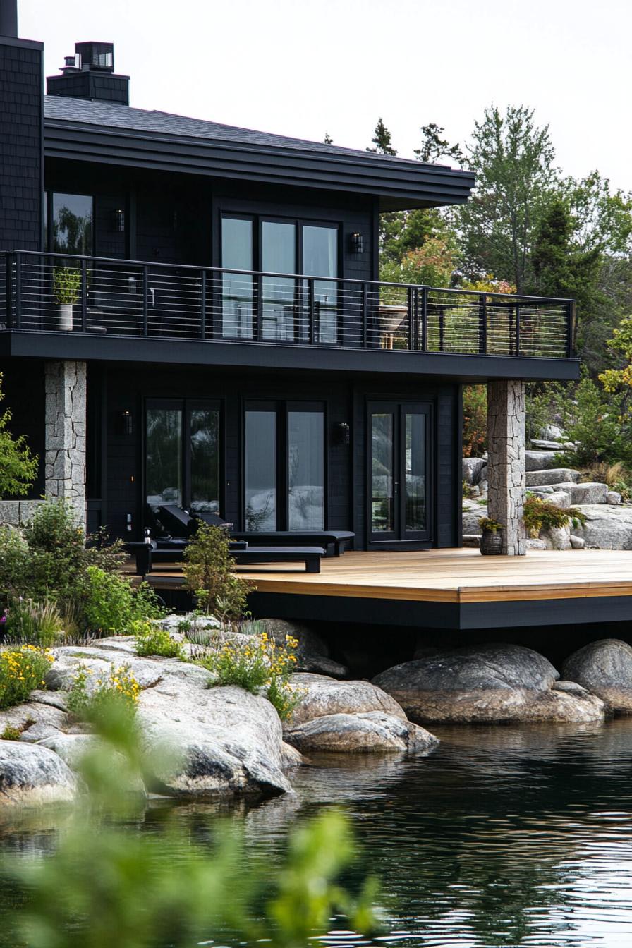 modern black cottage house built on a large deck on the lake the deck is natural wood theres a terrace on columns there are rocks on the edges of 1