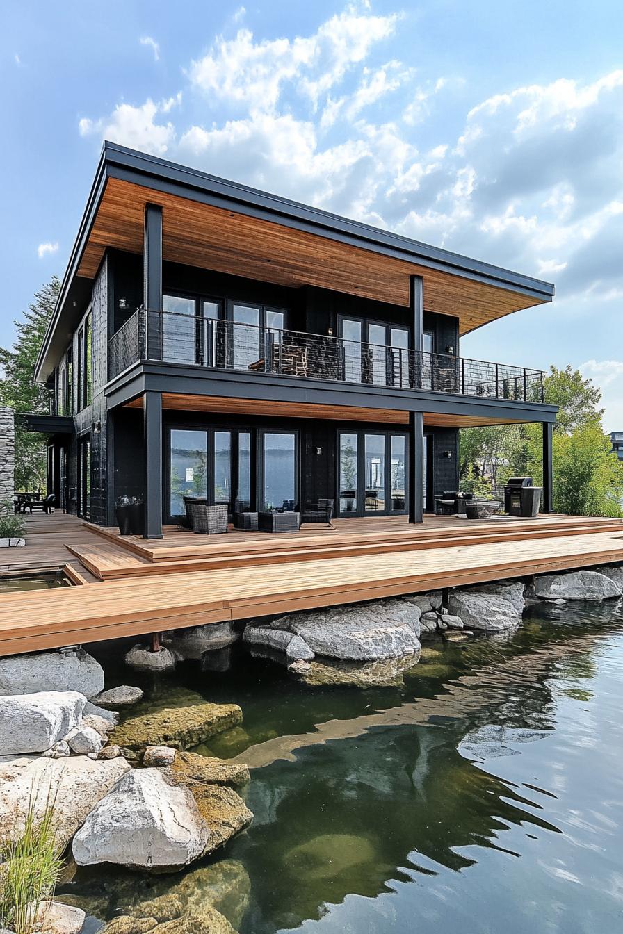 modern black cottage house built on a large deck on the lake the deck is natural wood theres a terrace on columns there are rocks on the edges of 2