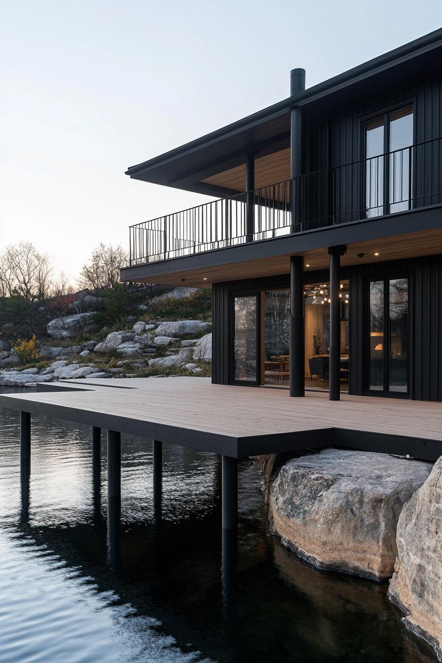 modern black cottage house built on a large deck on the lake the deck is natural wood theres a terrace on columns there are rocks on the edges of 3