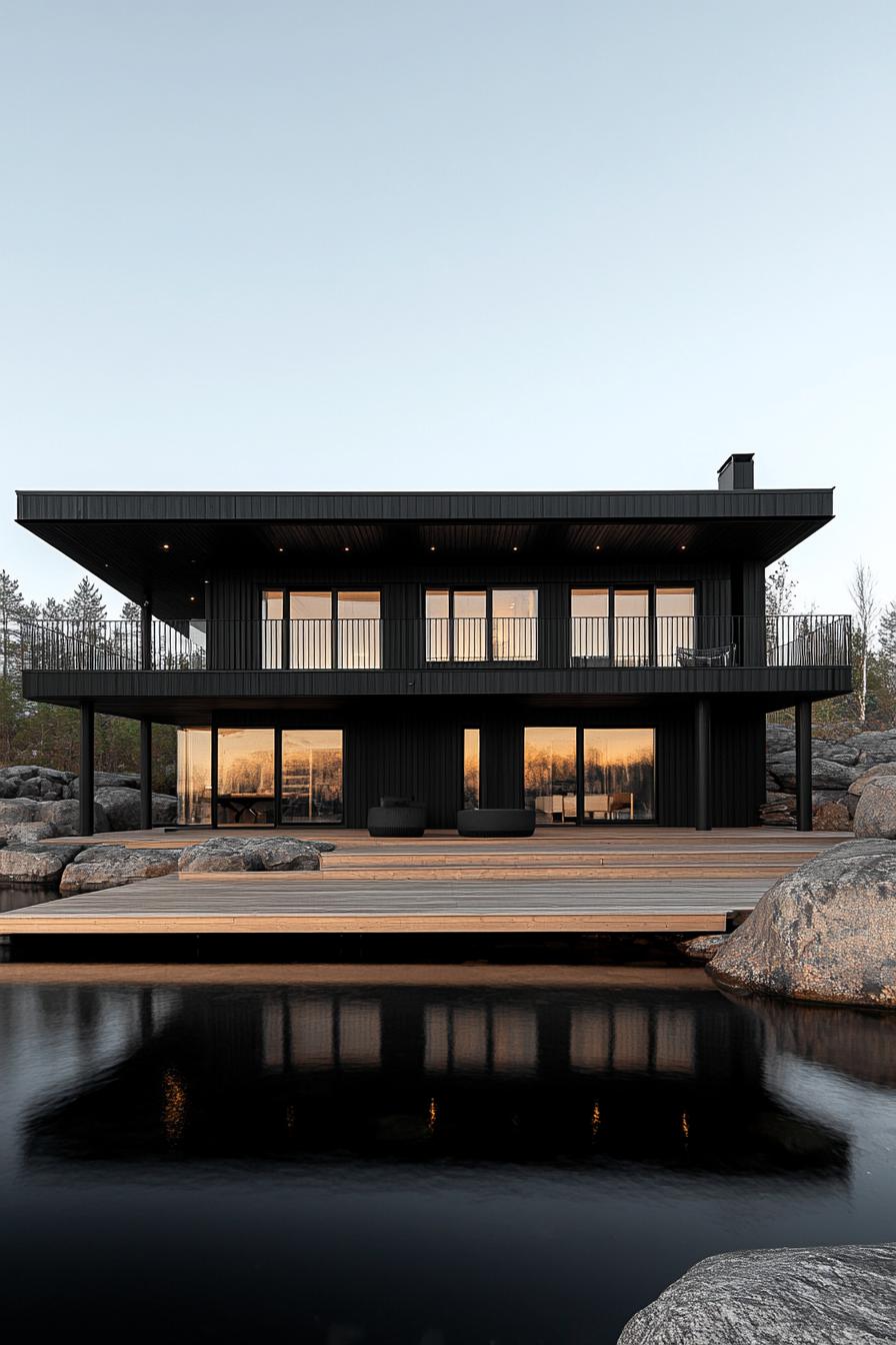 modern black cottage house built on a large deck on the lake the deck is natural wood theres a terrace on columns there are rocks on the edges of