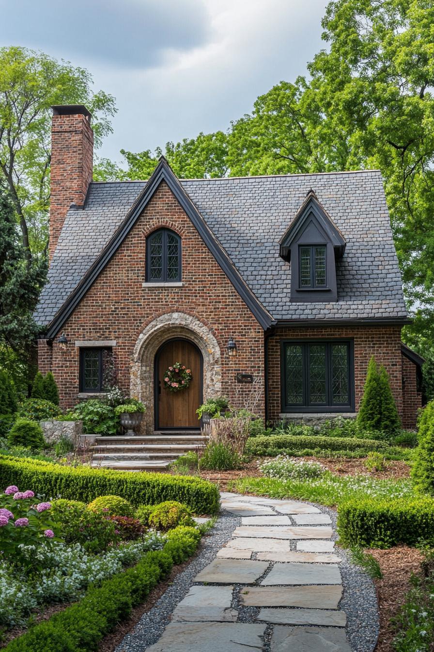 modern brick cottage with multi pitch roof exterior with flowers 2