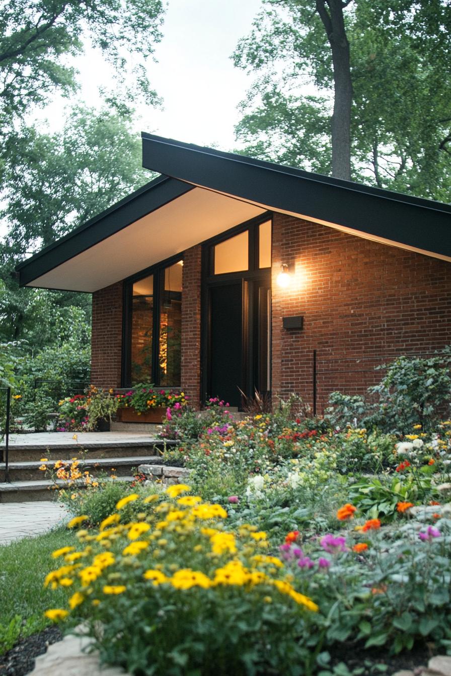 modern brick cottage with multi pitch roof exterior with flowers 3