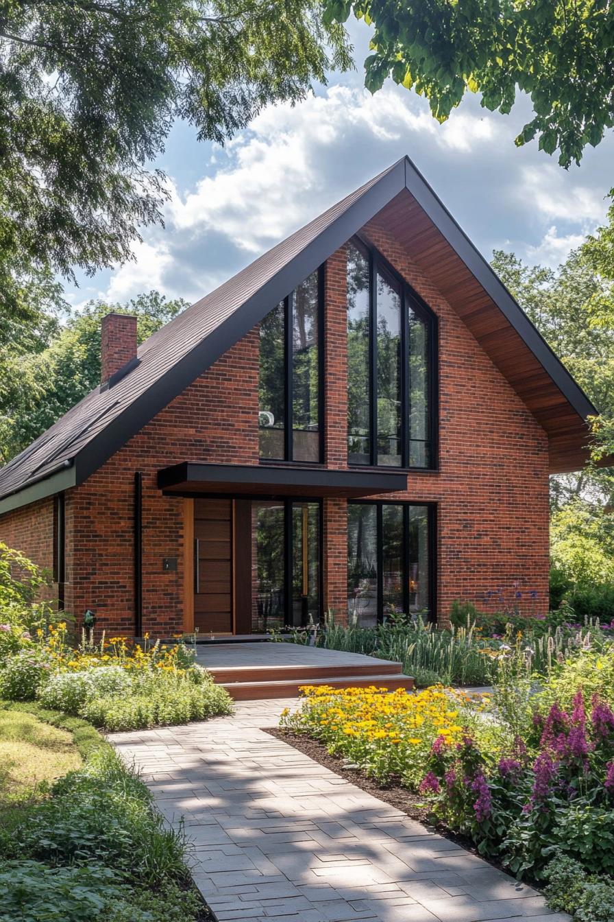 modern brick cottage with multi pitch roof exterior with flowers