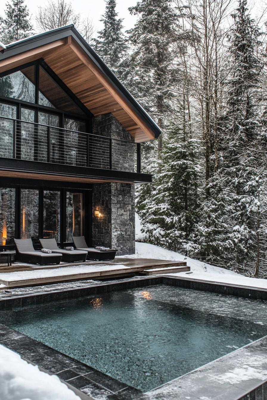 modern charcoal black stone chalet with large porch with integrated plunge pool winter snowed in forest in the background