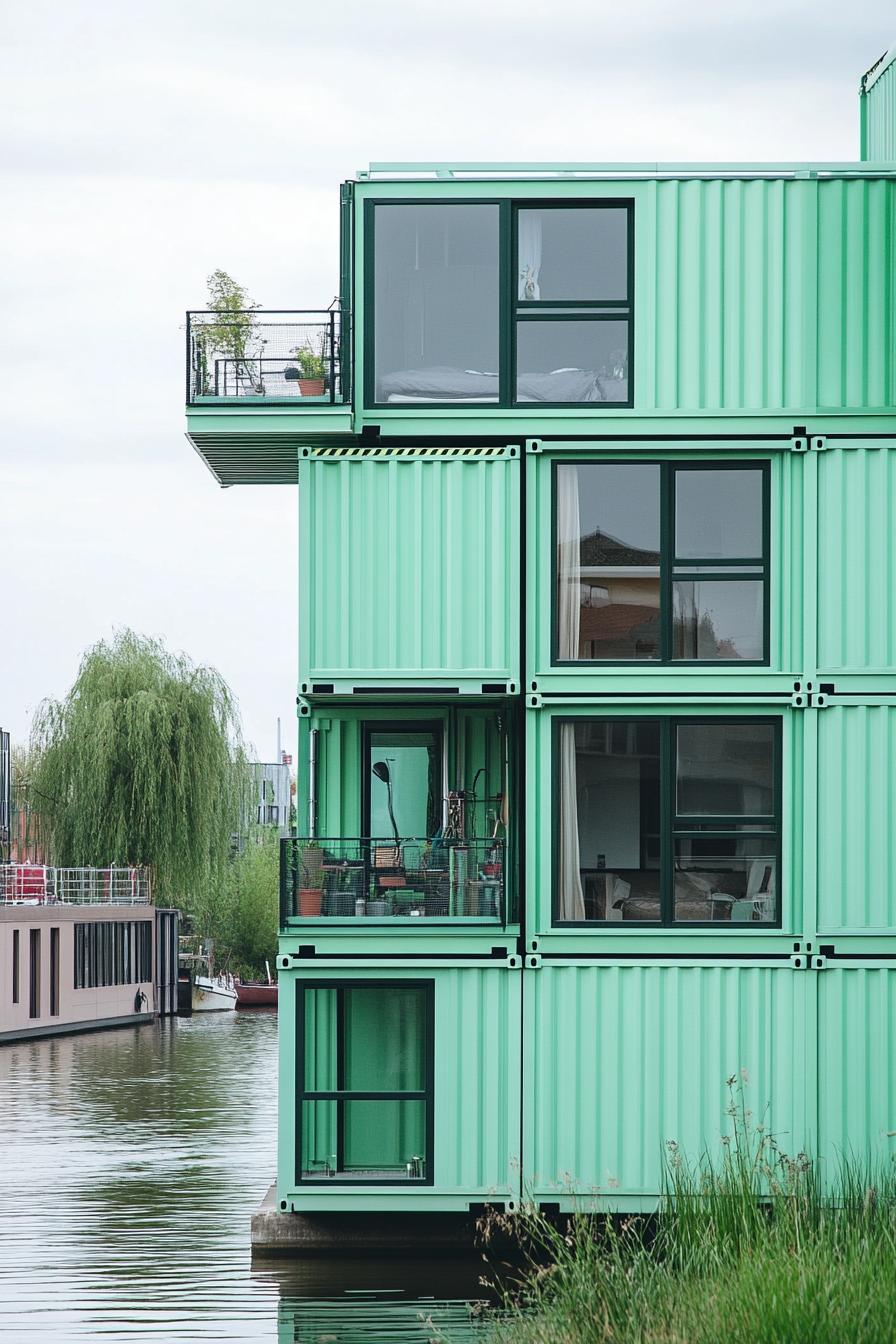 modern container apartment building in mint green by a river 1