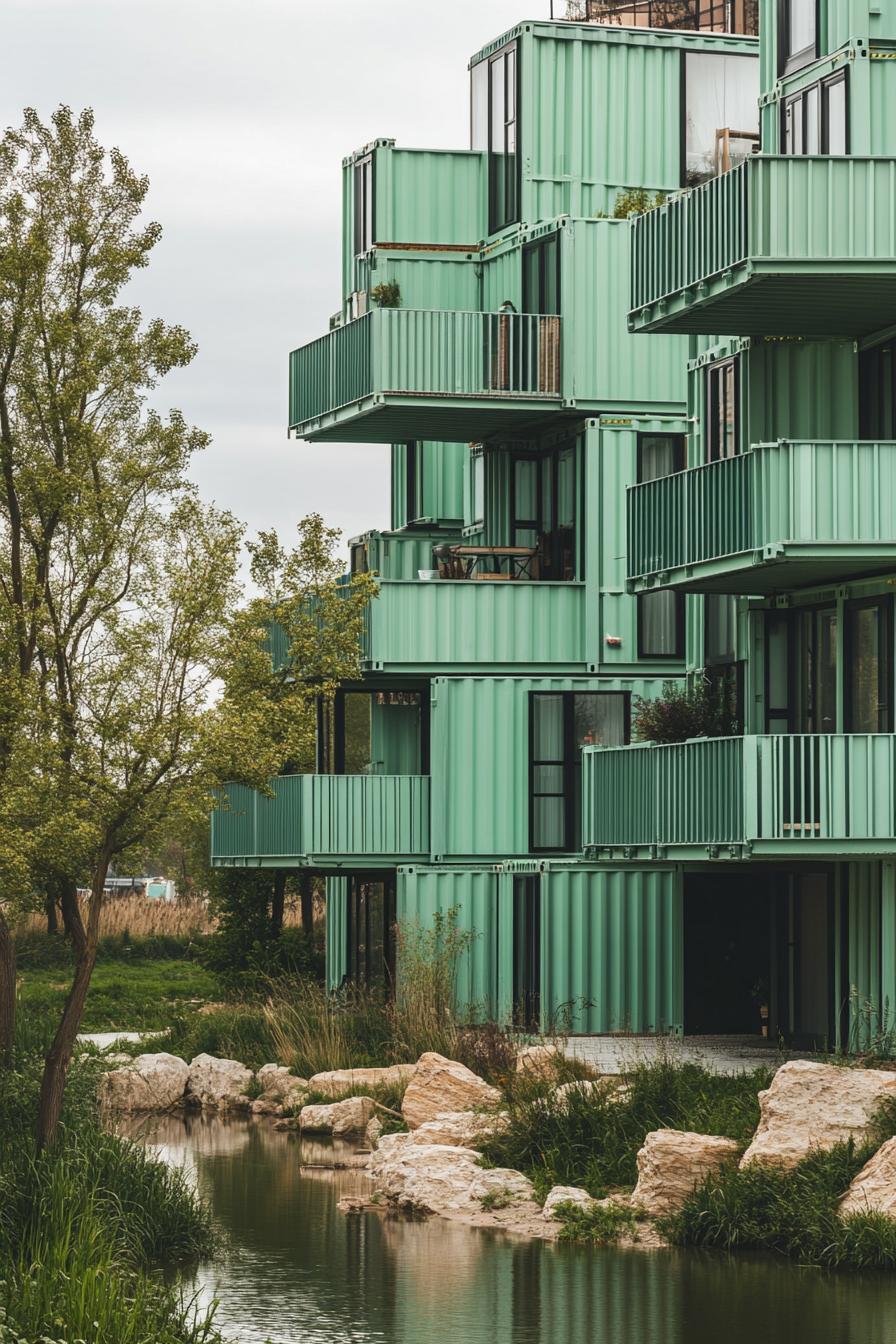 modern container apartment building in mint green by a river 2