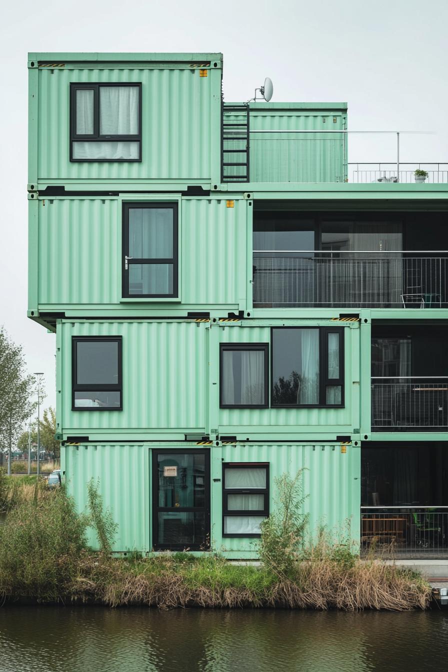 modern container apartment building in mint green by a river