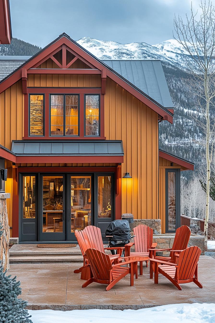 modern cottage style mountain house facade with earthy terracotta siding deep red trim large patio with adirondack chairs winter mountains in the background 1