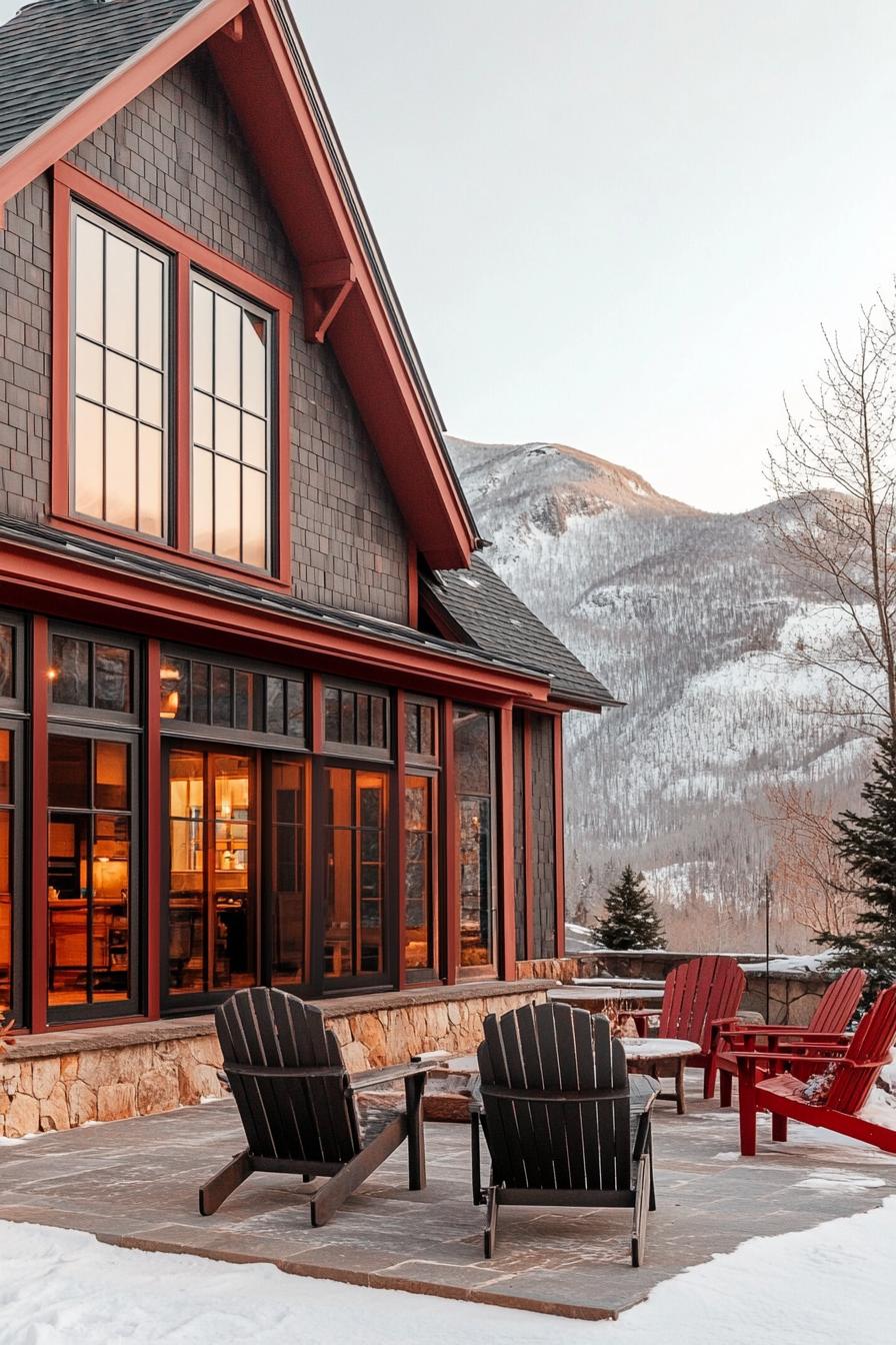 modern cottage style mountain house facade with earthy terracotta siding deep red trim large patio with adirondack chairs winter mountains in the background 2